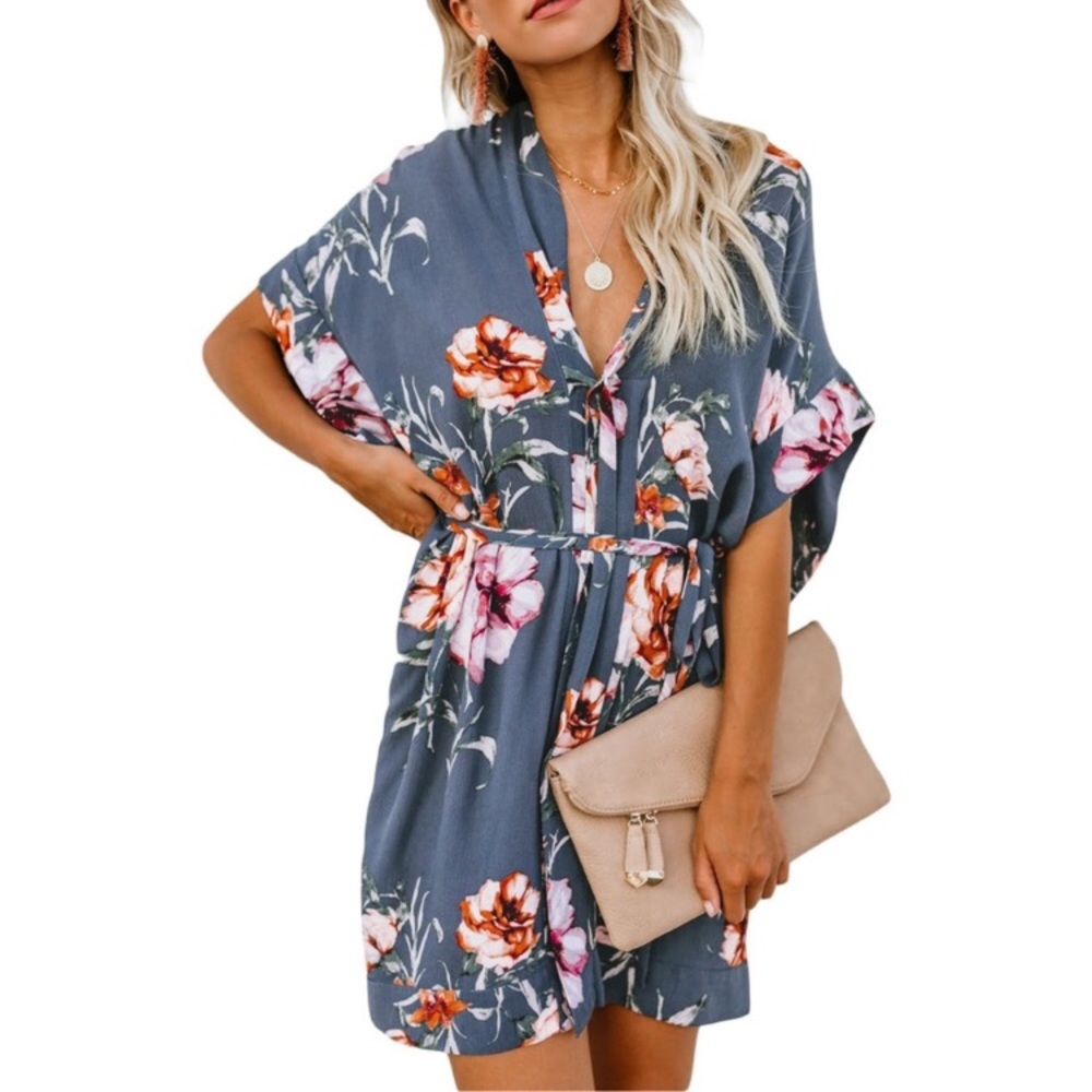 New 5⭐️ Floral Kimono Dress Blue Tie Front